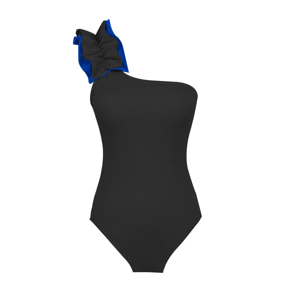 Women's single-shoulder suspender tube top one-piece swimsuit in solid colour with high-waist design