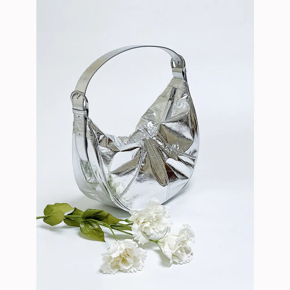 Women's first layer cowhide shoulder bag in dumpling shape with double straps, 40x12x21cm dimensions