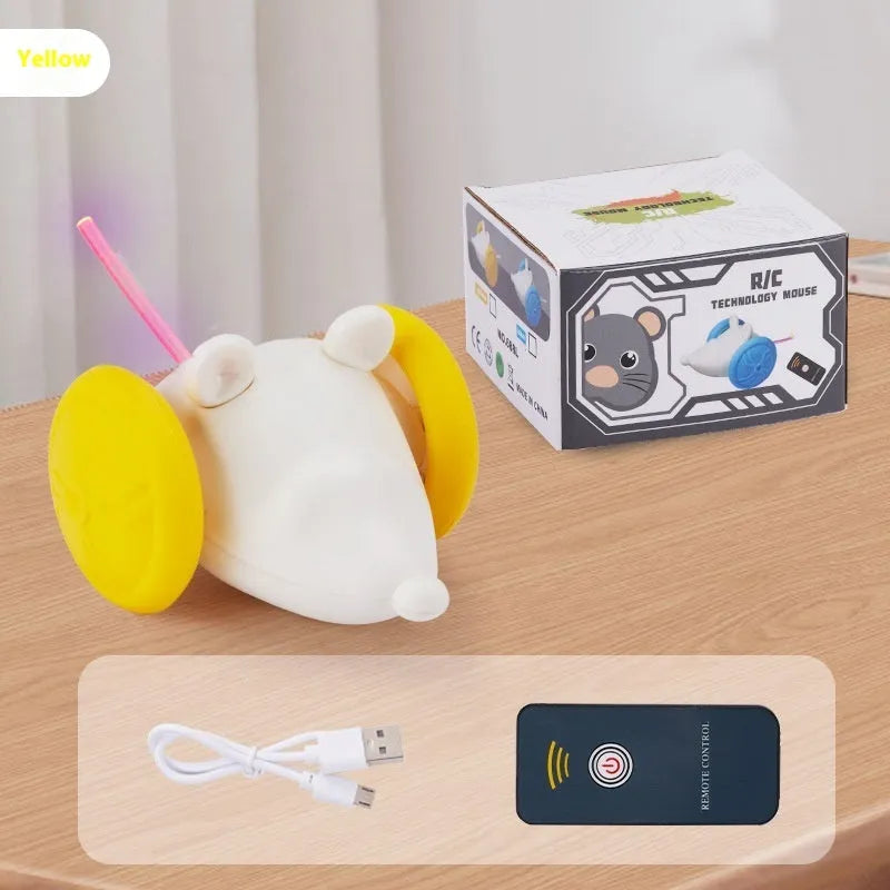 Electric little mouse cat toy in blue technology mouse, made from plastic, with remote control and charging cable