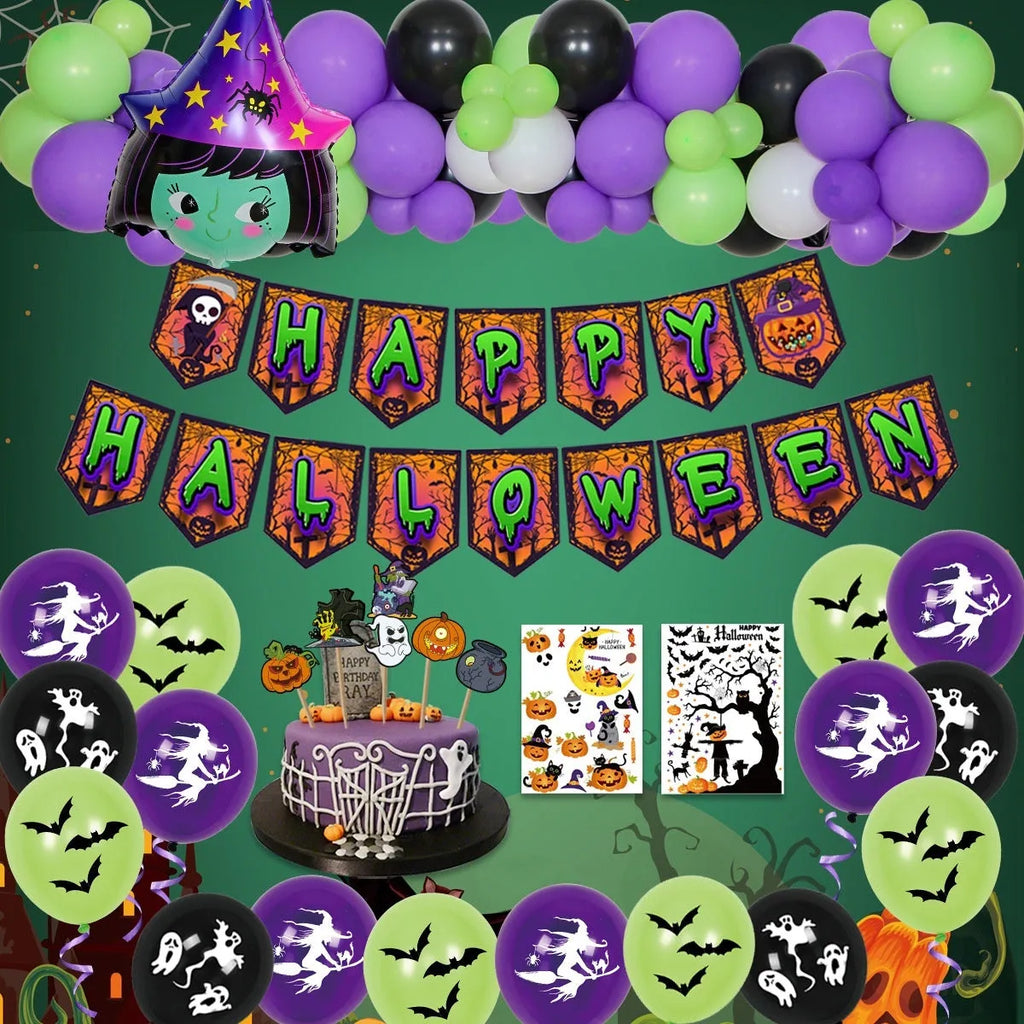 Halloween balloon decoration combo with a spider balloon arch in white and black.