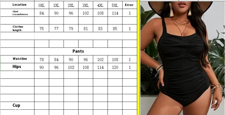 Women's plus size black one-piece bikini swimsuit with polyester and spandex lining, sleeveless, sizes 0XL to 5XL