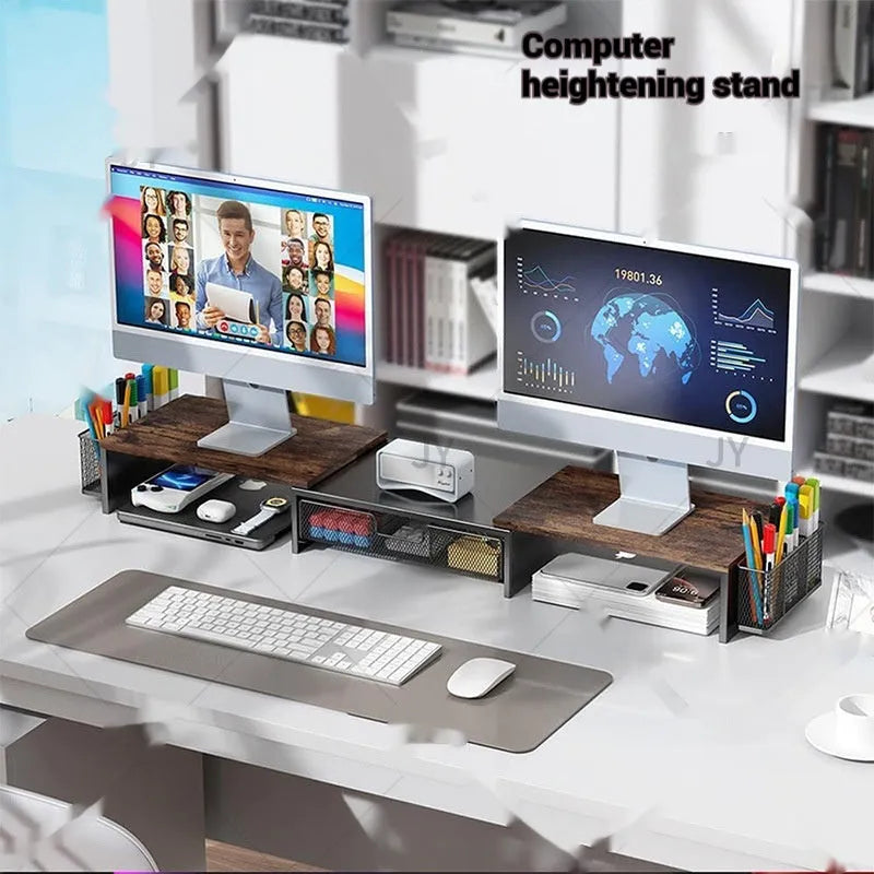 Double-station carbon steel desktop monitor elevated rack with retractable width in wooden finish on a desk