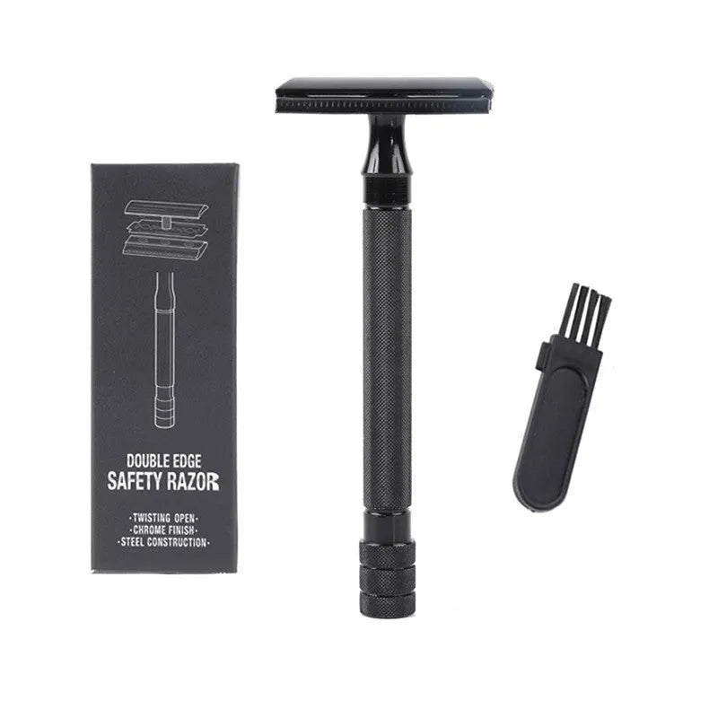 Manual shaving razor with brush combination in black or silver metal finish