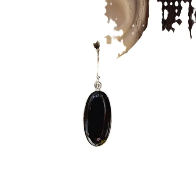 Geometric Chinese style women's earrings with oval black agate pendant and 925 silver electroplated finish