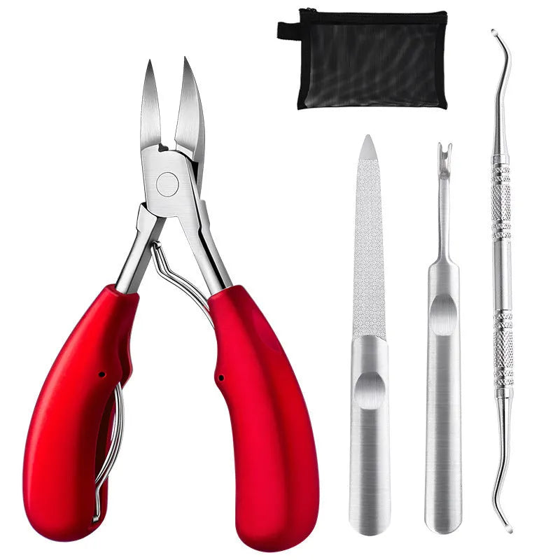 Stainless steel manicure set with multiple colour options including red, black, blue, and silver tools.