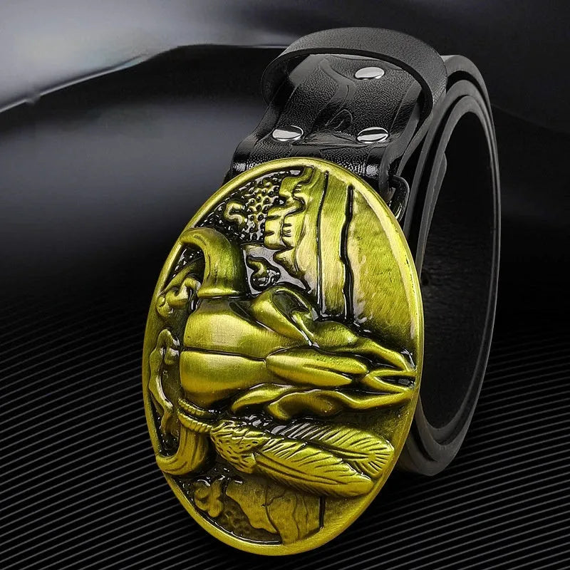 Men's brown imitation leather belt with alloy cow head buckle showing pin fastening