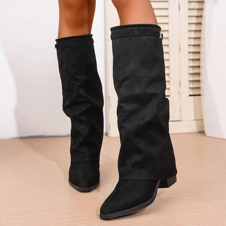 Men's pointed toe high tube pants boots with pleated chunky heel sleeve in black