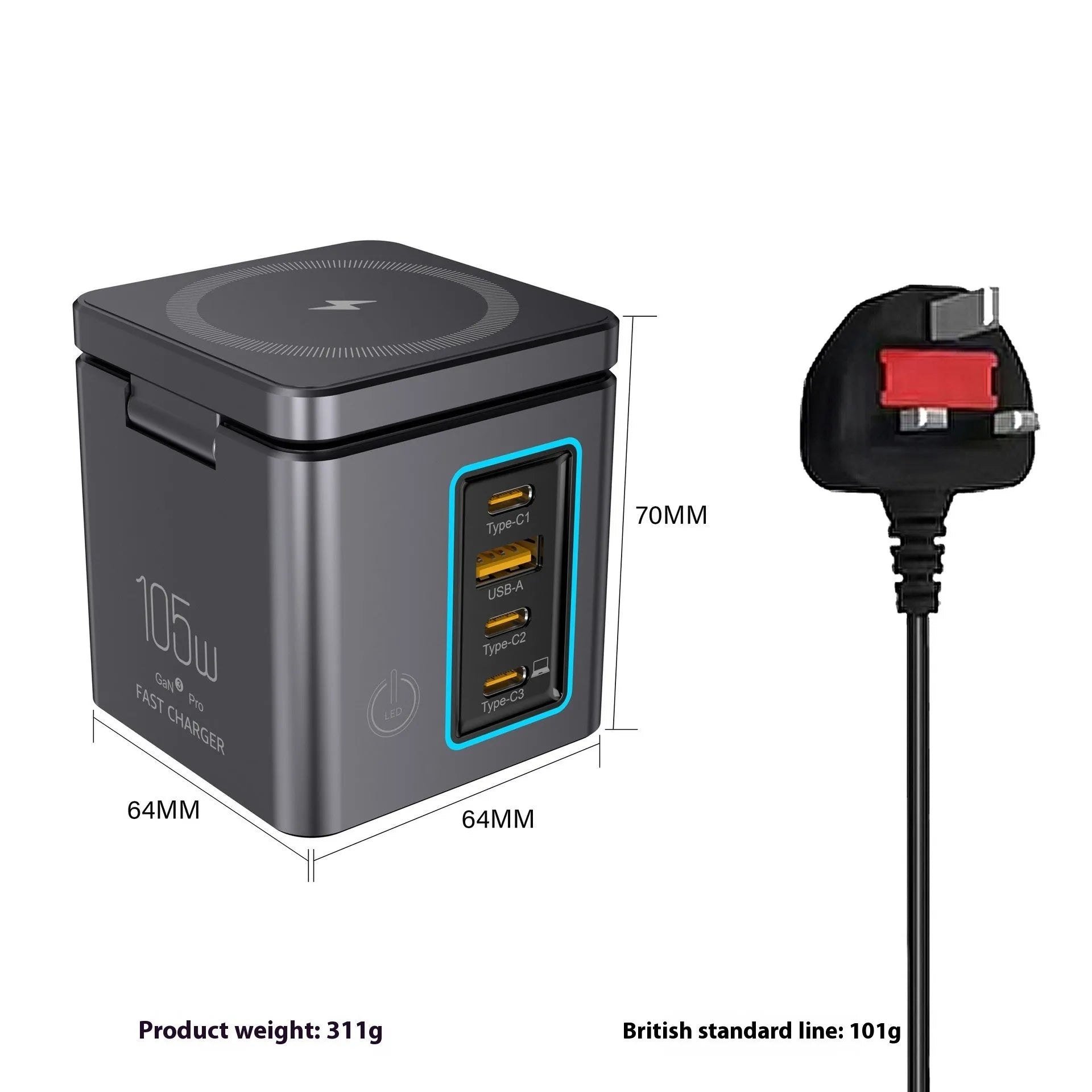105W GaN magnetic wireless charger in black with interchangeable UK EU US AU power plugs