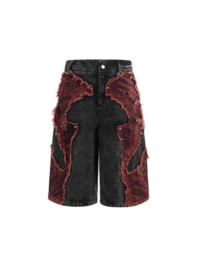 Wide leg cropped denim pants with distressed stitching, mid-high waist, loose fit, cotton cloth fabric