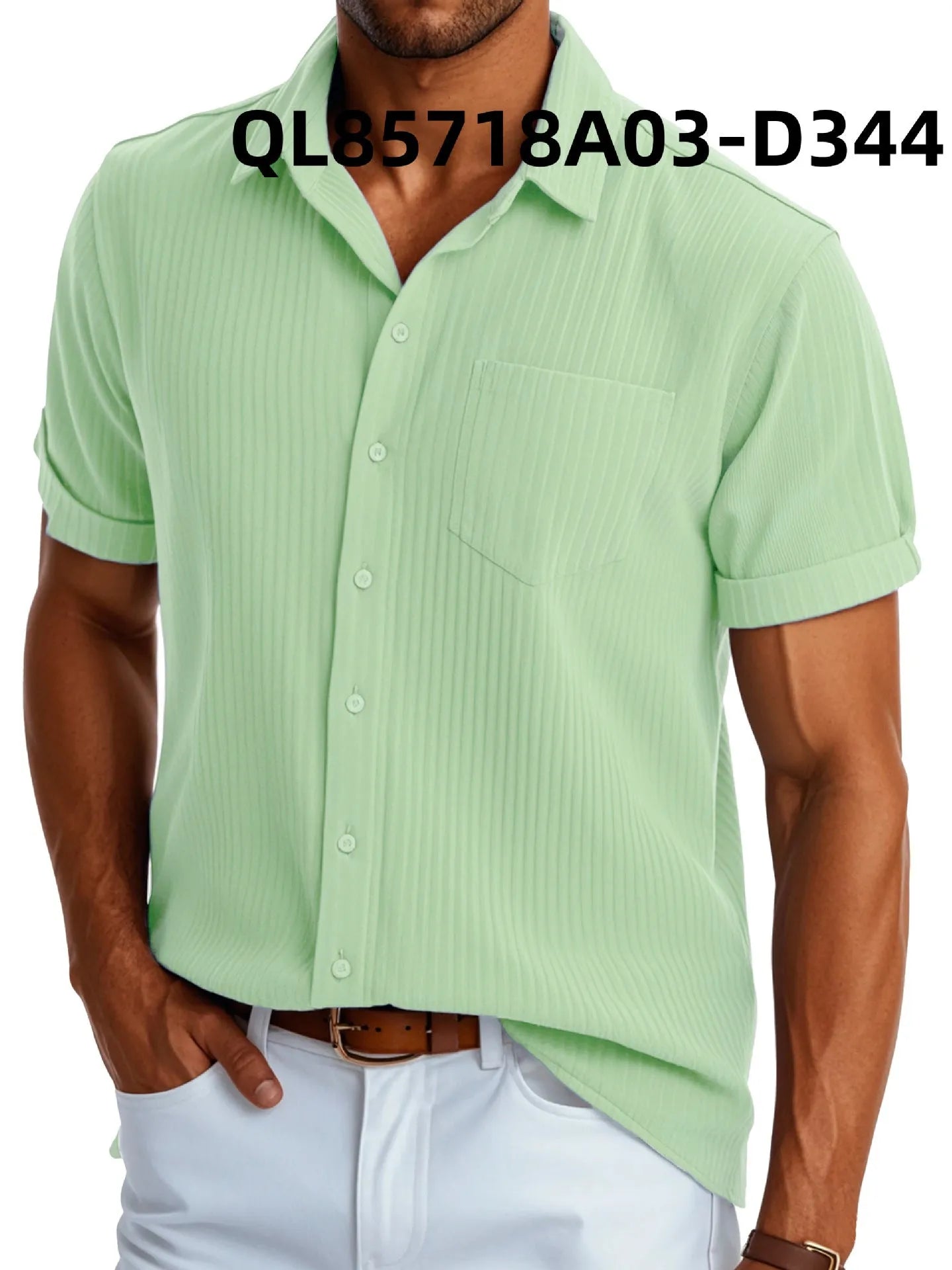 Men's loose short sleeve lapel shirt with printed pattern in black and white lines, front view