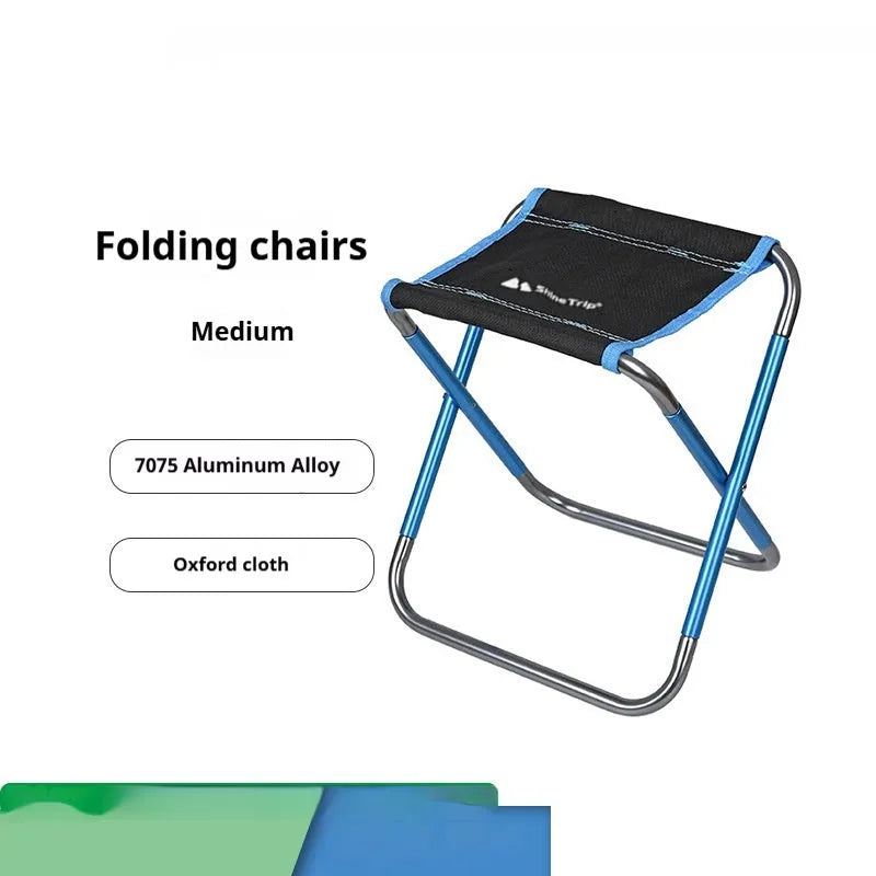 Black aluminium alloy folding camping stool shown in folded and unfolded positions