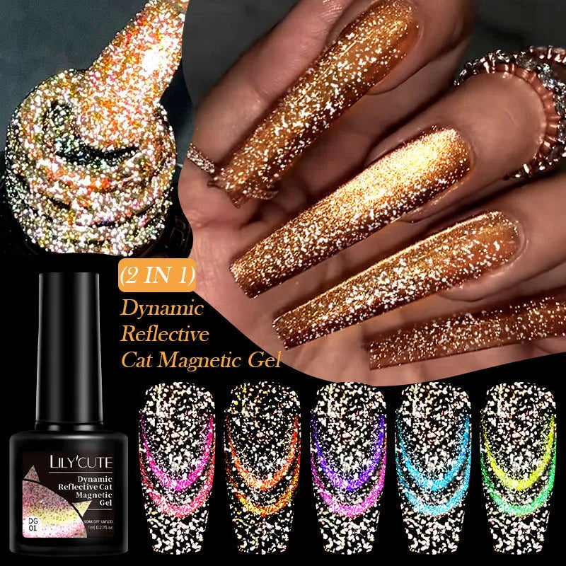 Diamond In The Debris Cat Eye Series Nail Polish Gel bottle in one of six glittering shades with nail glue.