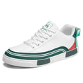 Men's beige and white/green canvas casual shoes with mesh sections and round toe