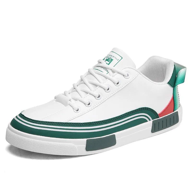 Men's beige and white/green canvas casual shoes with mesh sections and round toe