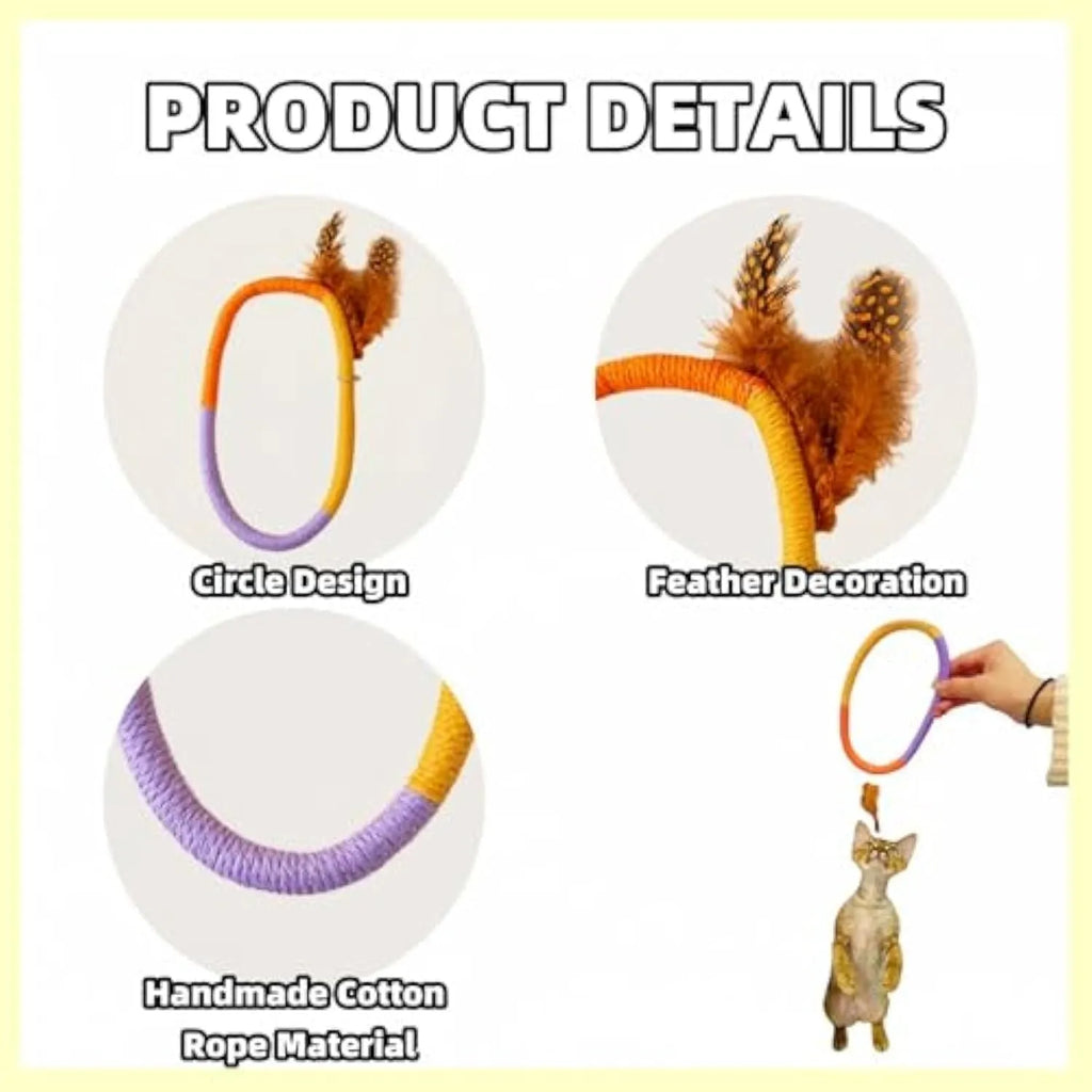 Circular cotton rope cat toy with feathers and catnip, measuring 25cm, in green colour