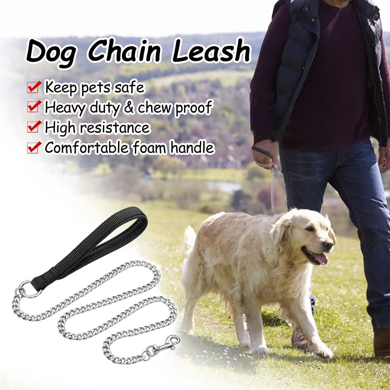 Heavy duty metal dog chain leash with soft padded handle, shown in black colour