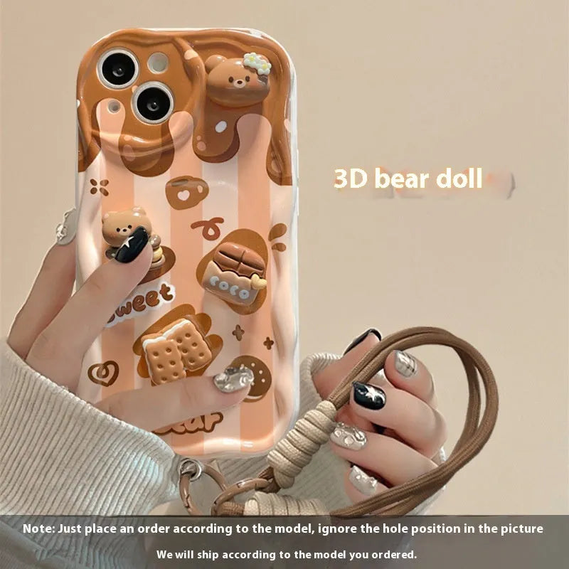 Cream pattern silicone phone case with chocolate bear doll lanyard for iPhone 15 Pro
