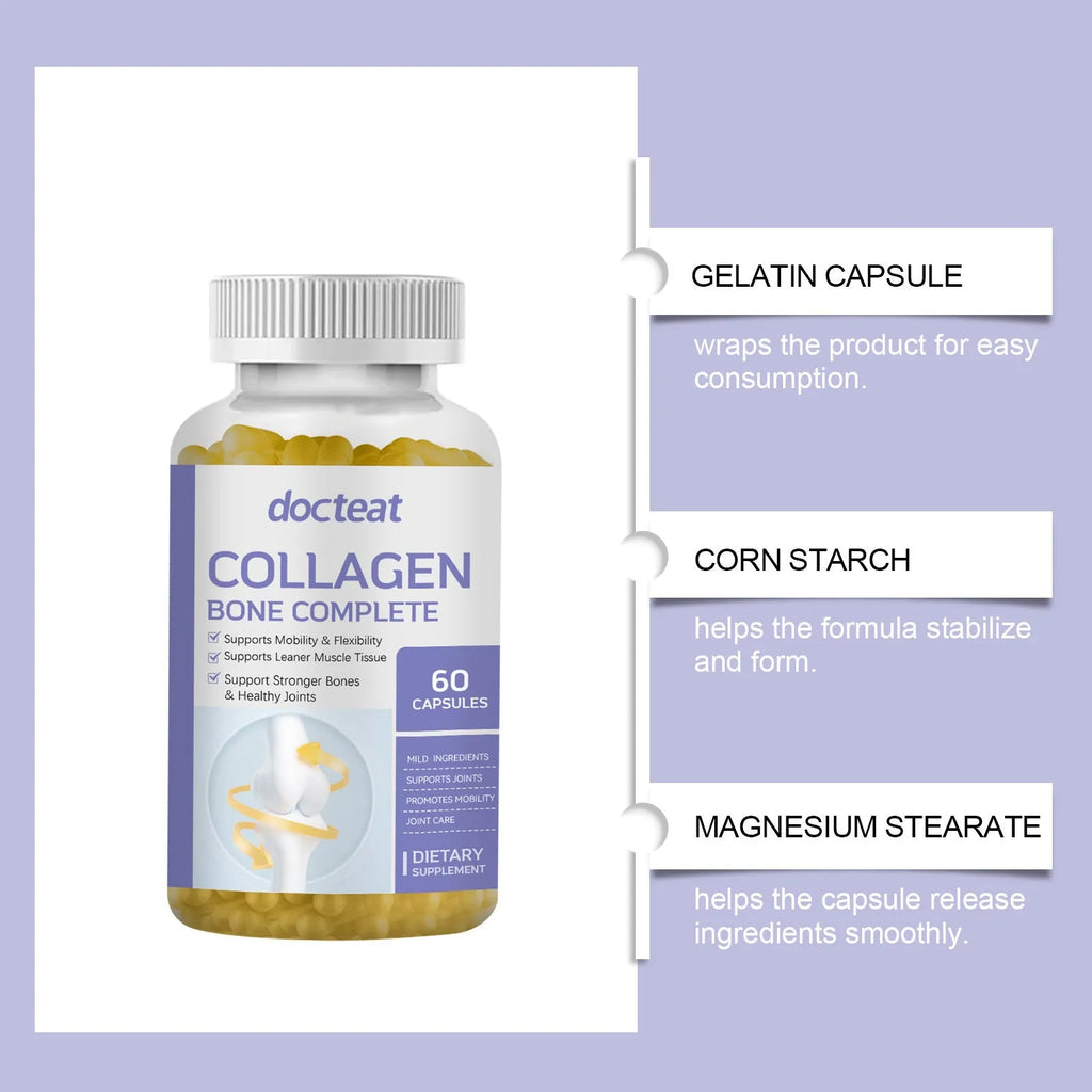 Bottle of collagen capsules with multivitamin ingredients listed, 60 capsules containing marine collagen vitamin C D3 K2 and calcium