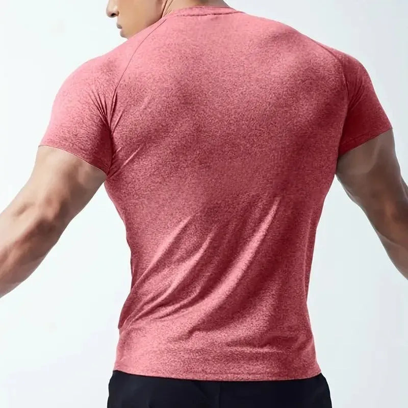 Men's tight stretch quick-dry running T-shirt in polyester blend available in four colours