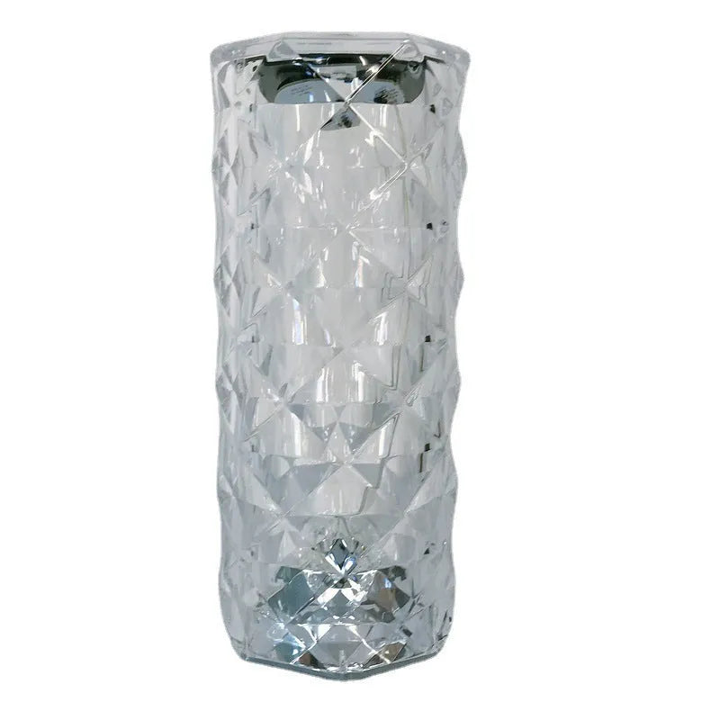 Creative Crystal Diamond Table Lamp with RGB16 colour touch controls and rechargeable battery on a bedside table