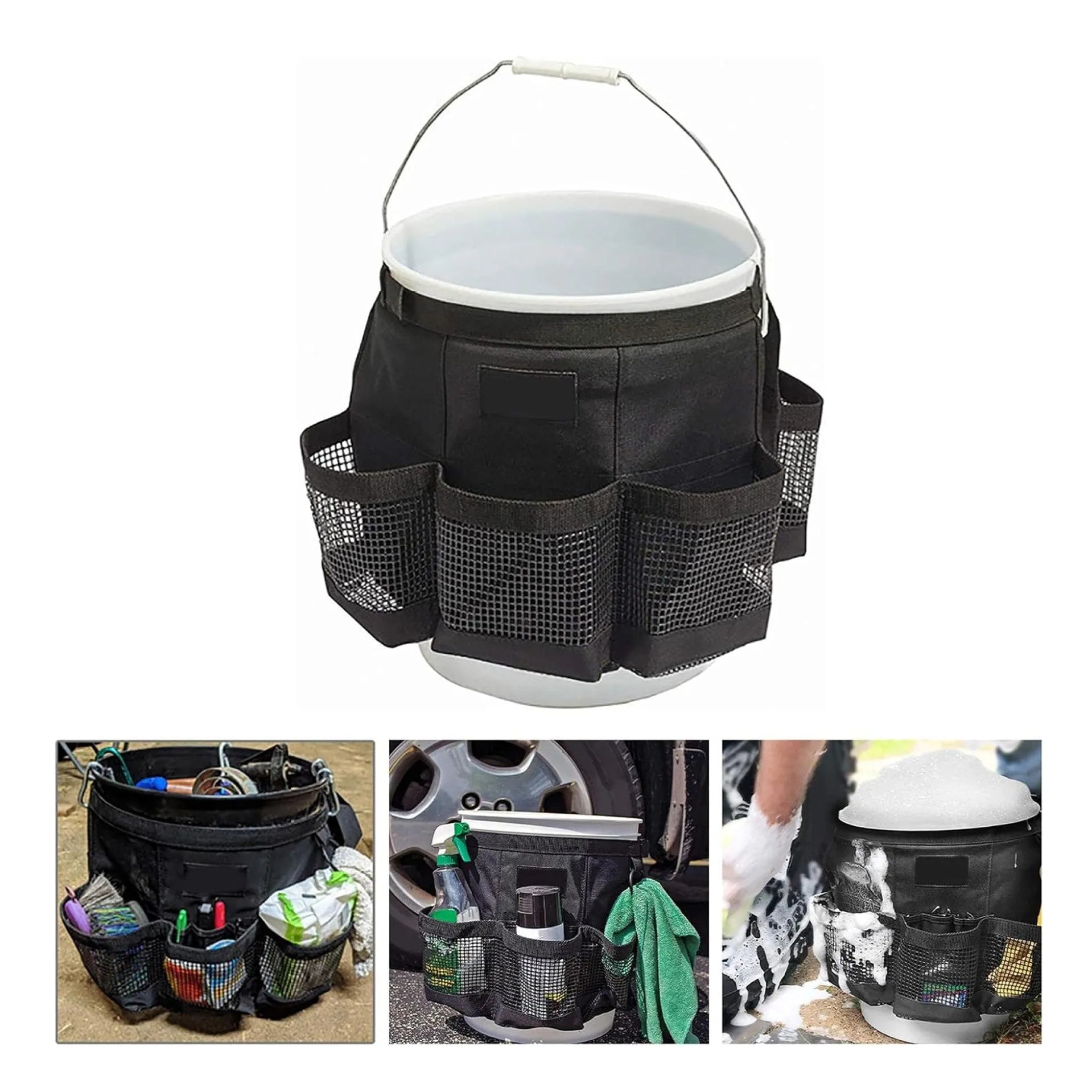 Black cylindrical polyester hanging storage bag with straps, designed to fit a 5 gallon barrel.