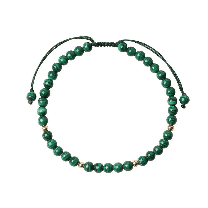 Natural malachite crystal bracelet for women with handwoven golden balls strap and textured green stone