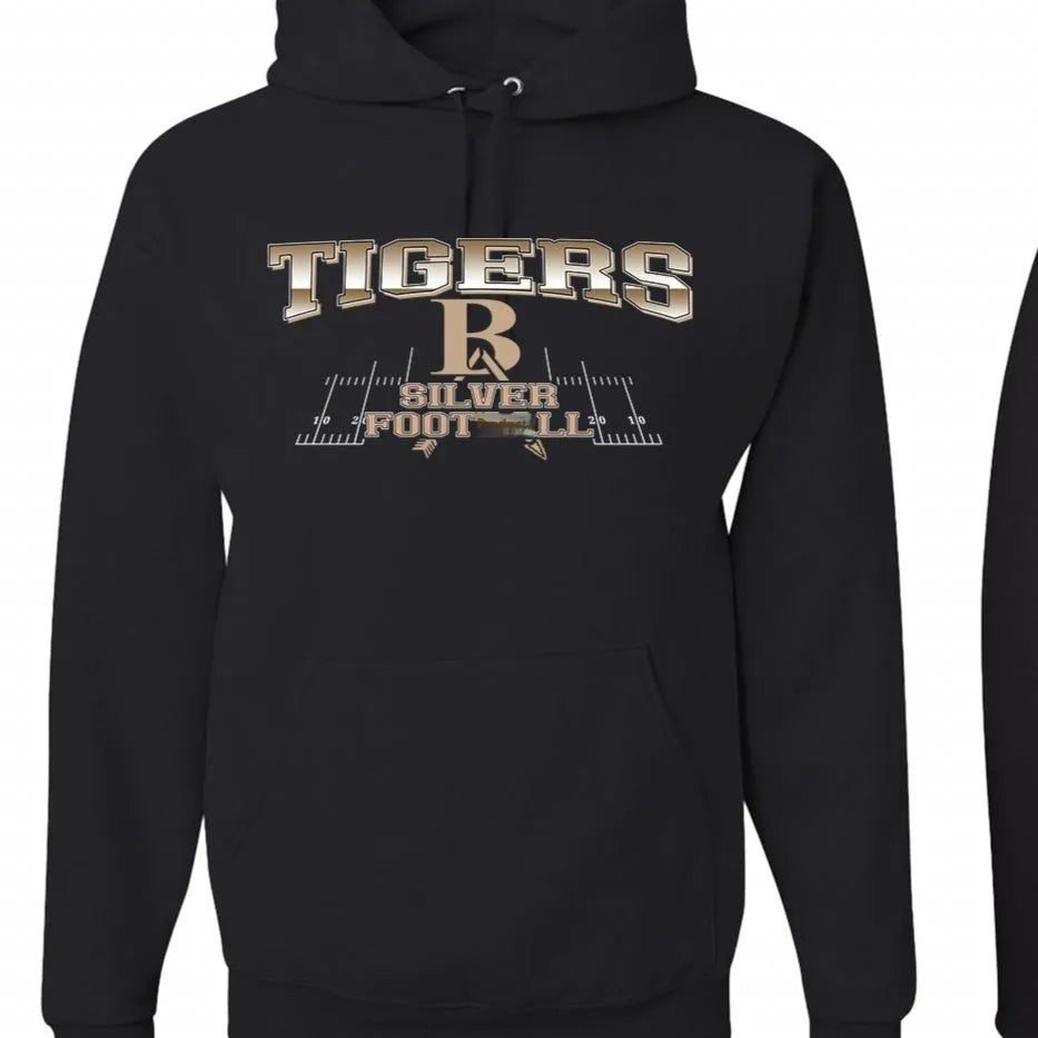 Black simple style pullover hoodie with drop-shoulder sleeves on a hanger