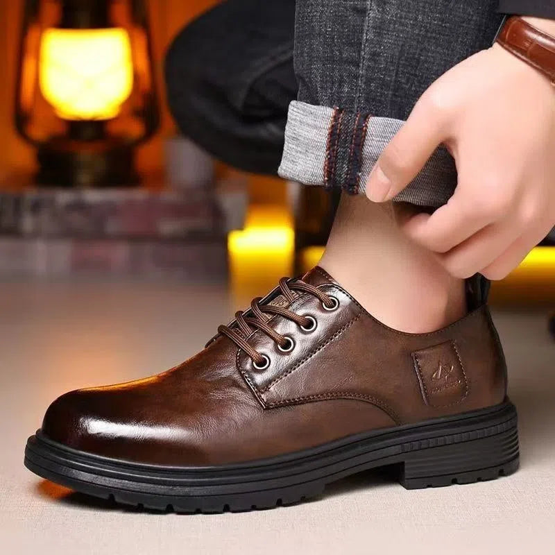 Black casual PU leather lace-up slip-on loafer shoes with flat heel and round toe