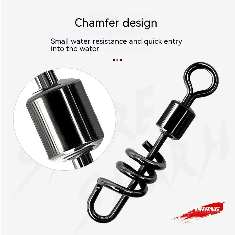 Stainless steel 8-shaped fishing swivel connector on a blue background.