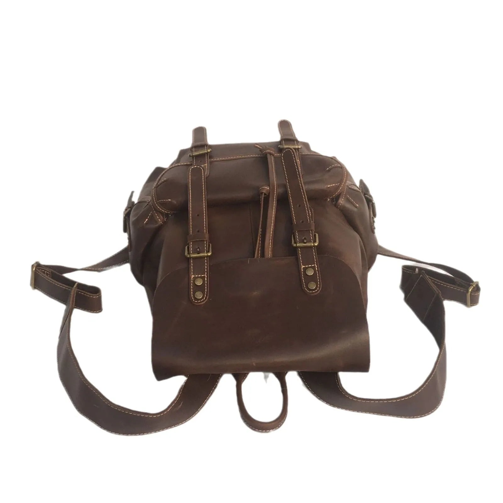 Men's genuine top layer cowhide leather backpack in coffee brown with air pillow belt, front view