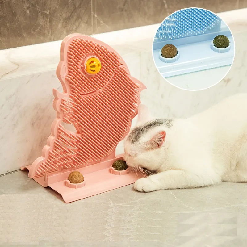 Cat toy fish-shaped wall scratcher with catnip ball and bell on wall, available in blue grey pink plastic 31cm