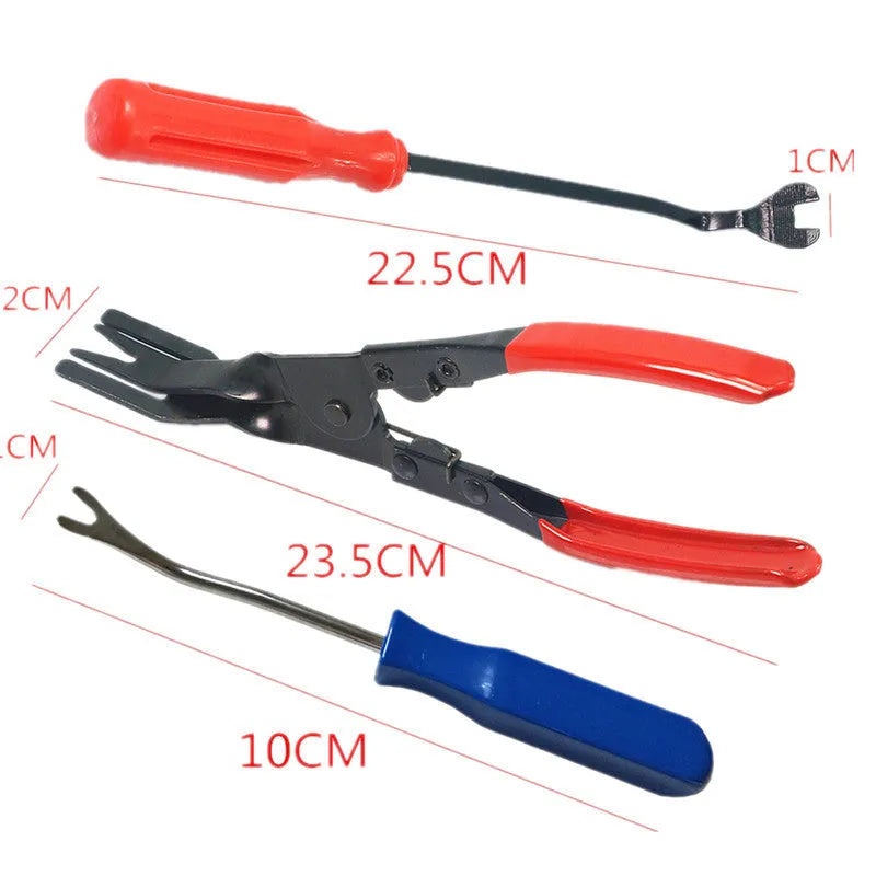 Red-handled steel automotive clip driver tool for General Motors vehicle interior panel repairs