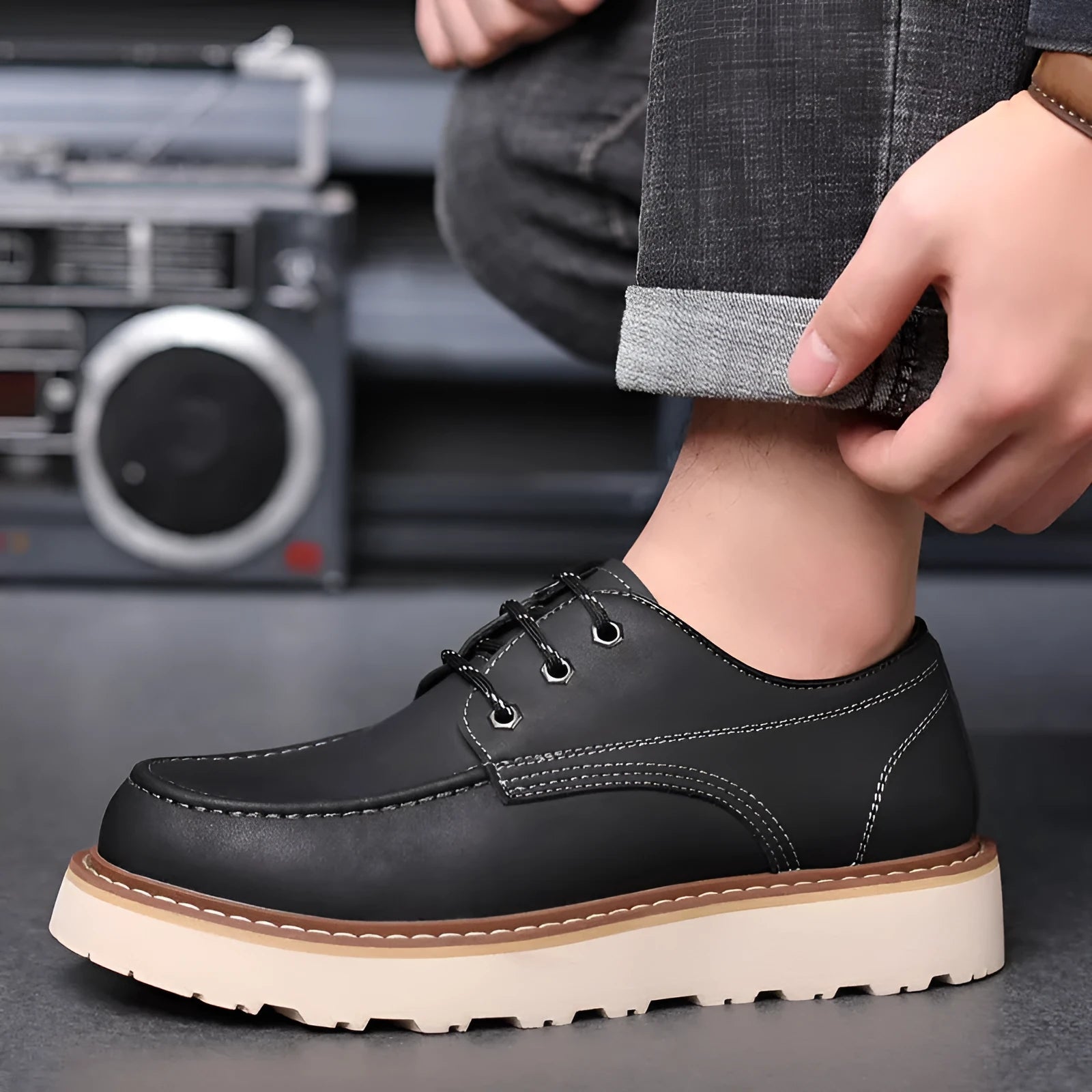 Men's low-top retro Martin boots in black with round toe, non-slip rubber sole and mid heel