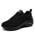 Women's black mesh sneakers with front lace-up design and round toe