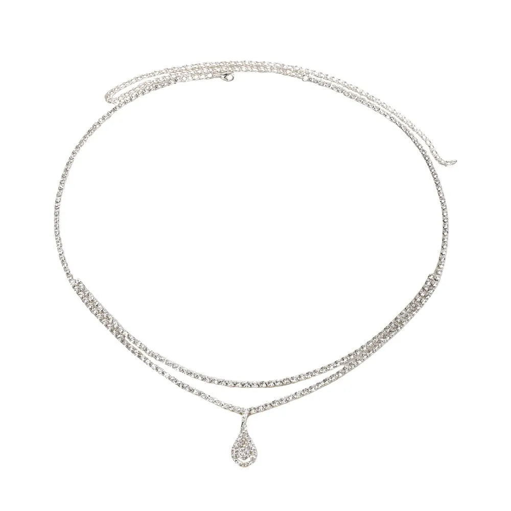 Gold rhinestone waist chain with tassel pendant and lobster buckle, 115cm length