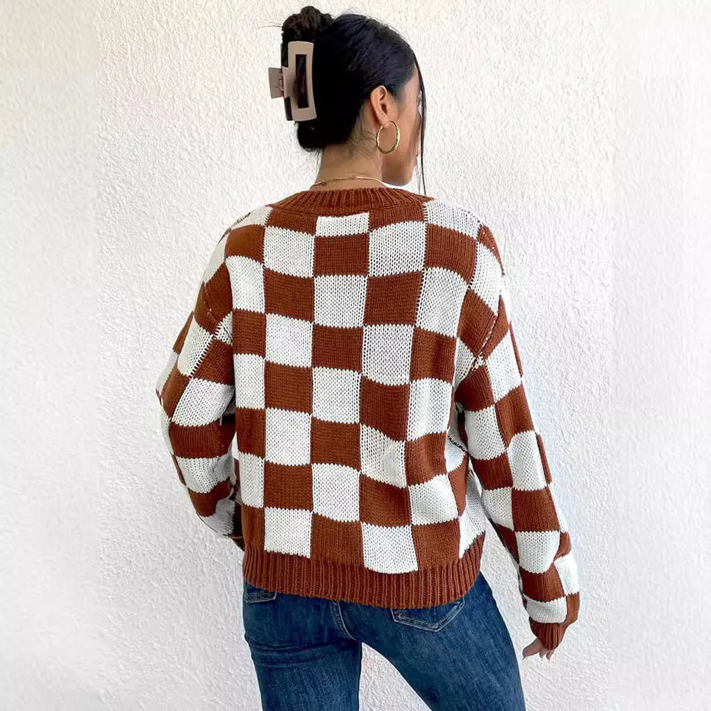 Dark brown chessboard plaid pattern acrylic pullover sweater with loose fit and round neck