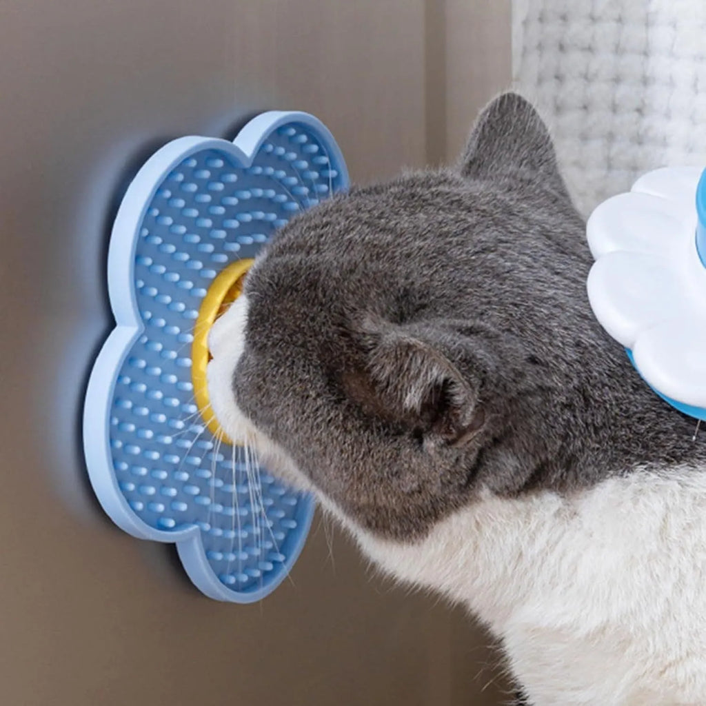 Flower-shaped silicone lick pad with suction cup for cats and dogs, available in five colours