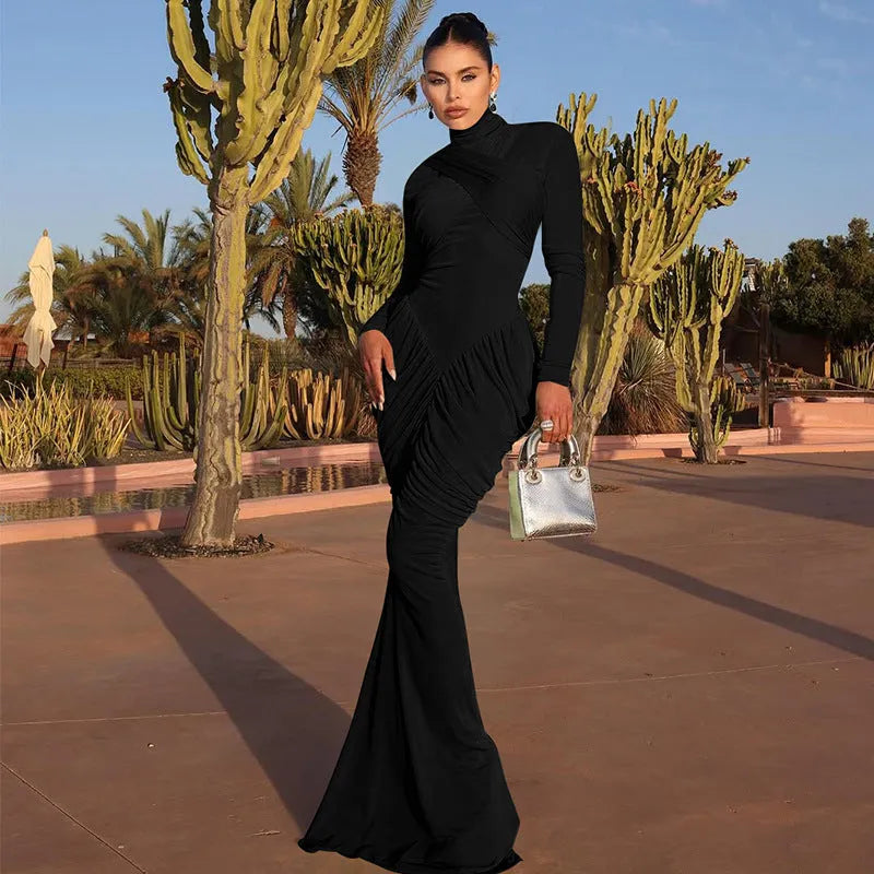 Women's solid colour high neck long sleeve ruffle back bodycon dress in brown pencil skirt style