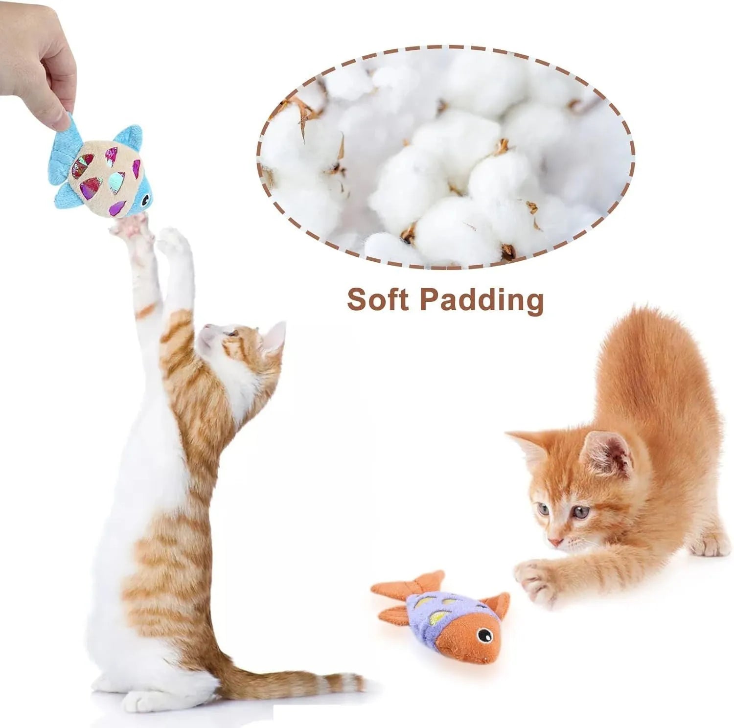 Two soft plush catnip fish toys for cats with crinkle sound, available in blue, orange, and pink.