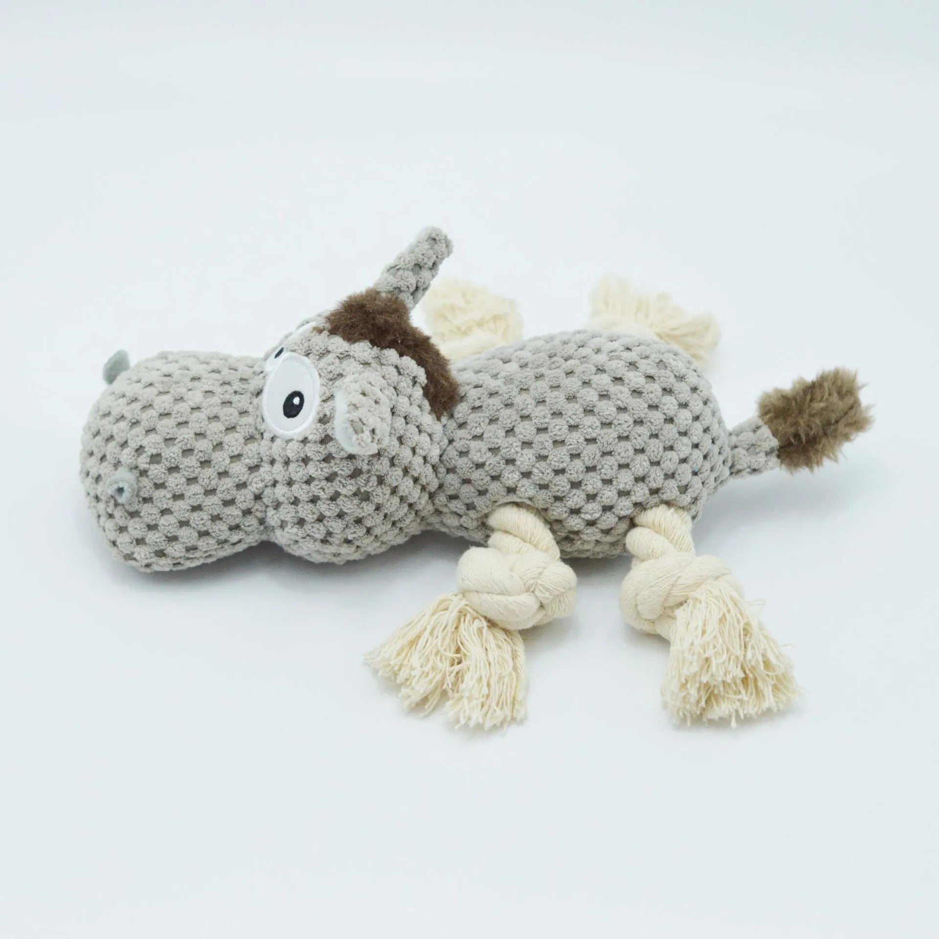 Gray donkey cloth velvet dog toy with creak sound on white background, measuring 27x20x9.5cm