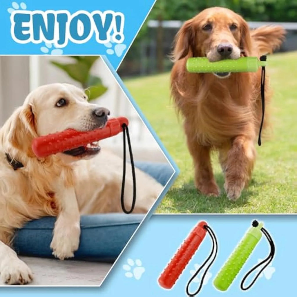 Two floating dog pool toys in red and green, TPR material with rope, 240x45mm, floating on water