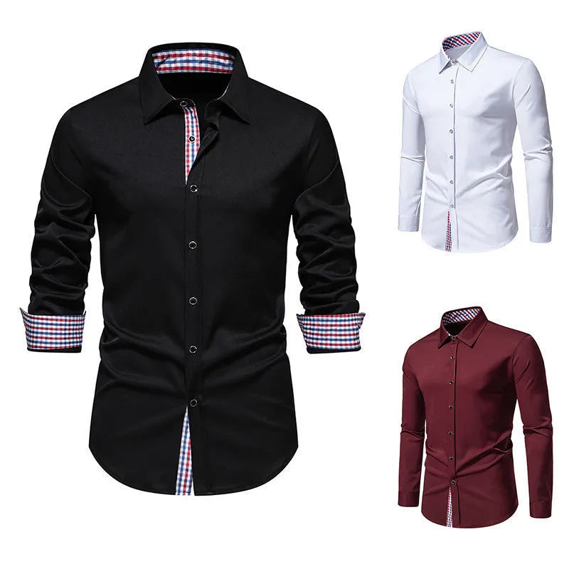 Men's casual loose plaid stitching long-sleeved shirt in white, size L, for leisure wear