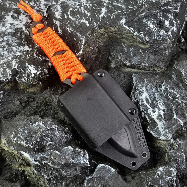 Outdoor camping survival knife with 80mm sanded 5Cr15 blade and rope handle