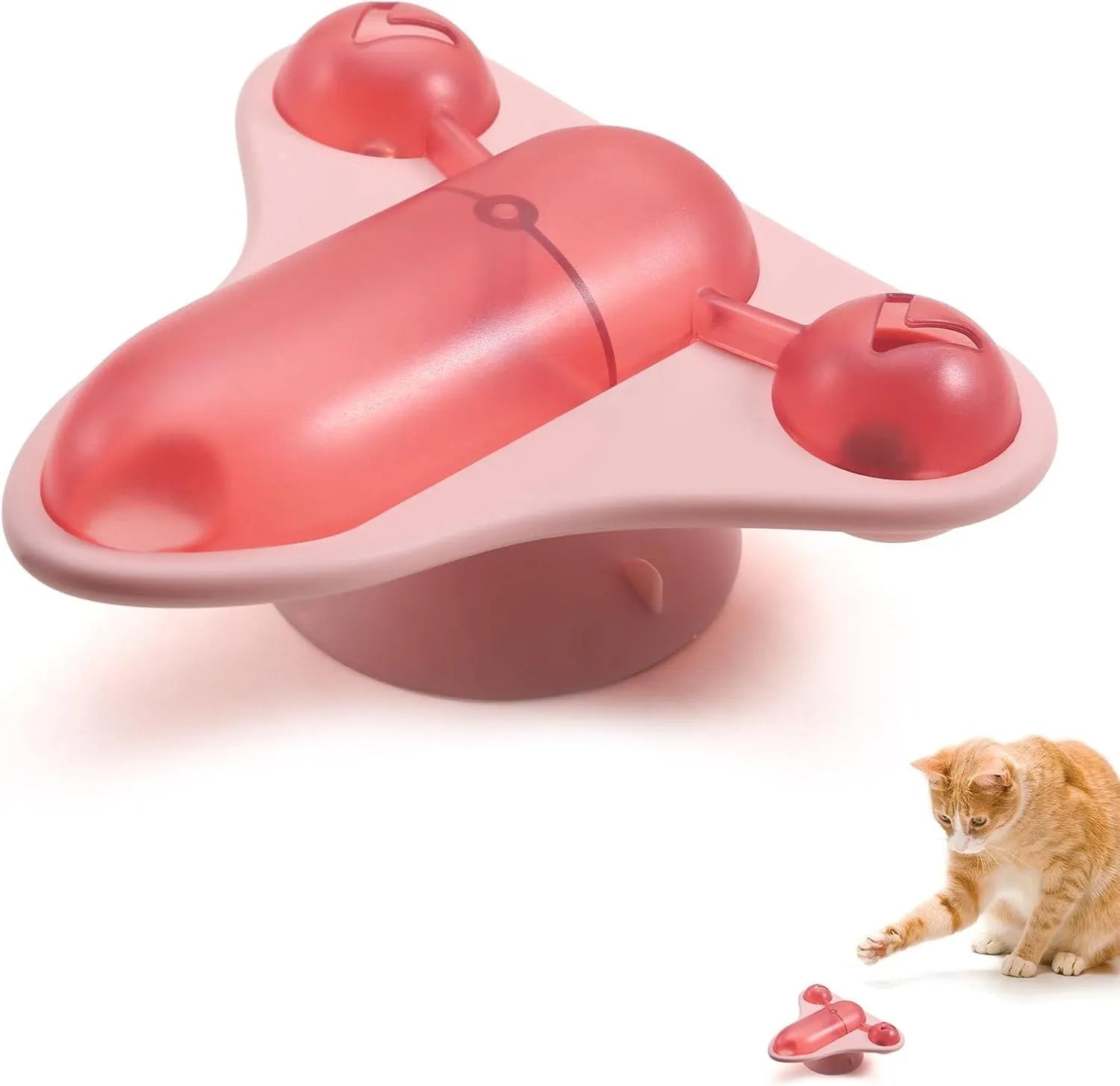 Interactive pet puzzle toy with blue plastic snack cabin, bell, and catnip components