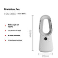 White bladeless tower fan with remote control and touch screen buttons for floor or desktop use