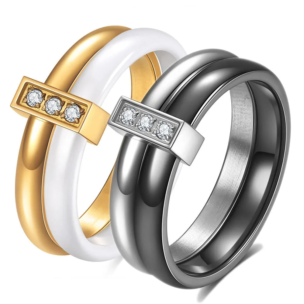 Geometric zirconium ceramic women's ring with glossy stitching in steel black or gold white finish