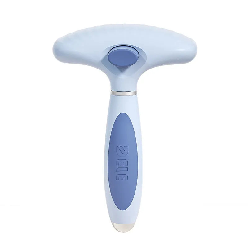Stainless steel dog grooming comb with double-row teeth in azure light blue colour