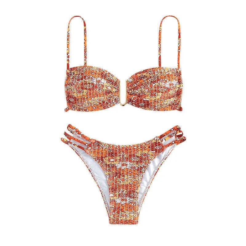 Women's floral high-waist bikini swimsuit in orange, blue, and rose red colours