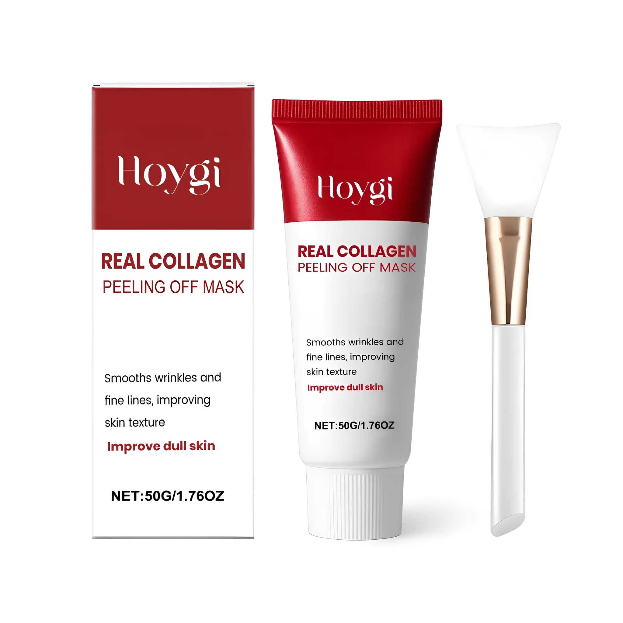 Real Collagen Peeling Off Mask 50g tube with white brush on a clean surface