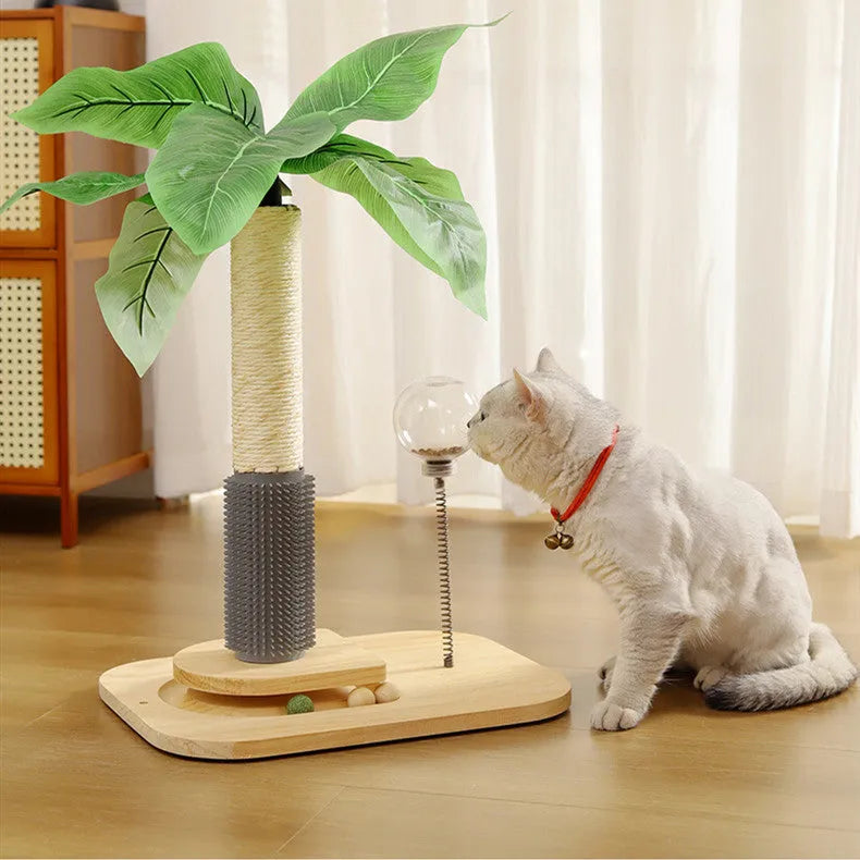 Vertical wooden cat scratching post with canna coloured finish on a simple background.
